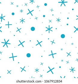 Blue Math Symbol Pattern. Mathematic Geometric Seamless . Abstract Background From Plus, Multiplication Signs. On White Background. Geometric Stars Seamless Pattern.