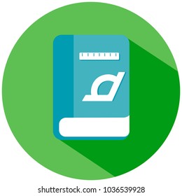A blue Mathematics book with rulers in a green circle, isolated on white background. Vector icon.