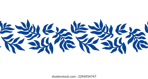 Blue Matisse elements border. Abstract organic plant shapes decorative vector illustration. Freehand contemporary leaves. Hand drawn botanical leaf design. Modern floral summer tropical branches.