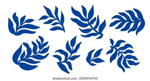 Conjunto de elementos Blue Matisse. Resumen de la colección de formas de plantas orgánicas. Hojas libres contemporáneas. Diseño de hoja botánica dibujado a mano. Ilustraciones florales modernas. Ramas tropicales de verano.