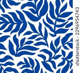 Blue Matisse plants seamless pattern. Minimal abstract floral tropical repeat print. Freehand doodle collage. Organic leaves background, simple nature shapes Summer botanical vector wallpaper.