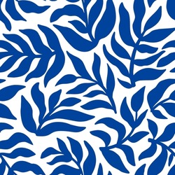 Blue Matisse Plants Seamless Pattern. Minimal Abstract Floral Tropical Repeat Print. Freehand Doodle Collage. Organic Leaves Background, Simple Nature Shapes Summer Botanical Vector Wallpaper.