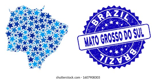 Blue Mato Grosso do Sul State map collage of stars, and textured round stamp. Abstract territory scheme in blue color hues. Vector Mato Grosso do Sul State map is composed of blue stars.