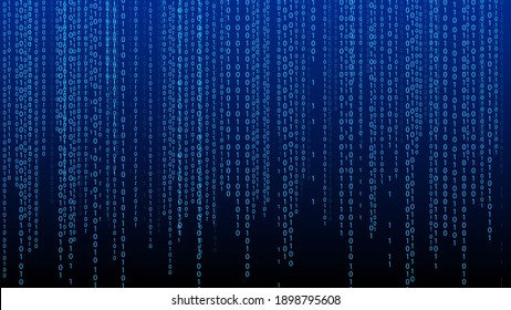 Blue matrix background. Falling numbers on screen. Technology stream binary code. Digital vector illustration. Hacking concept.