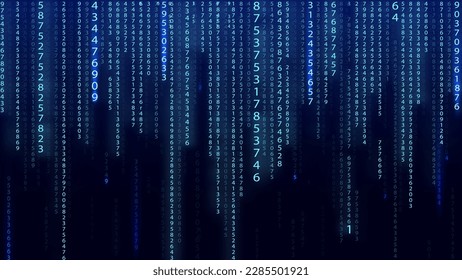 Blue matrix background. Falling numbers on screen. Technology stream binary code. Digital vector illustration. Hacking concept.