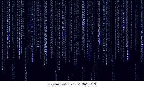 Blue Matrix On The Dark Background With Different Numbers And Light. Big Data Visualization. Digital Texture Backdrop. Vector Illustration.