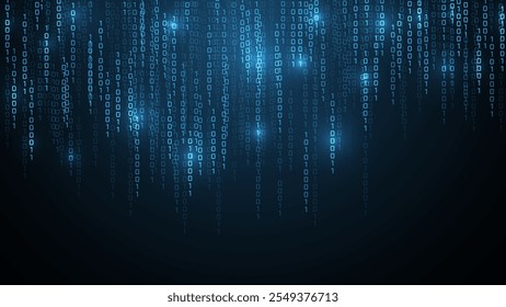 Lluvia de código digital de Vector Blue Matrix en un estilo futurista inspirado en Matrix. Fondo de matriz de efecto de luz. Fondo de alta tecnología con caracteres binarios brillantes
