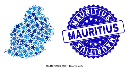 Blue Mauritius Island map composition of stars, and scratched round stamp seal. Abstract geographic scheme in blue color hues. Vector Mauritius Island map is designed of blue stars.