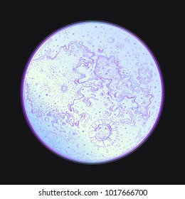 Blue mauve Moon. Vector illustration, full moon, moonlight. The image of the planet for the background, poster. Space theme. earth satellite. Drawing isolated. Outline map. Lunar disk, symbol, mascot.