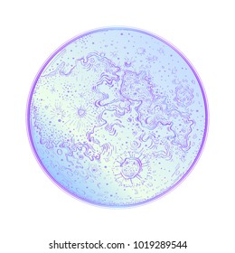Blue mauve Moon. Vector illustration, full moon, moonlight. The image of the planet for the background, poster. Space theme. earth satellite. Drawing isolated. Outline map. Lunar disk, symbol, mascot.