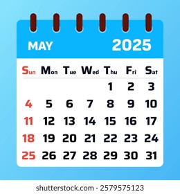 Blue may 2025 Monthly Planner and Time Organization Guide.  2025 Calendar for Strategic Daily Management. Flat design. Vector illustrations