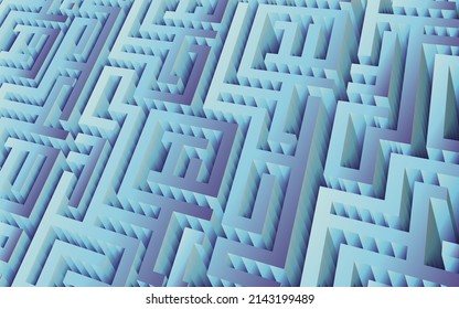 Blue maze illustration. Abstract labyrinth 3D rendering. Blue maze, abstract vector illustration
