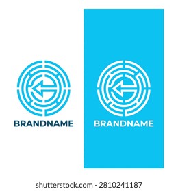 Blue maze logo with arrow and brandname on white and blue backgrounds icon