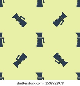 Blue Measuring cup to measure dry and liquid food icon isolated seamless pattern on yellow background. Plastic graduated beaker with handle.  Vector Illustration