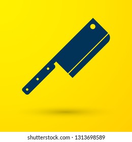 Blue Meat chopper icon isolated on yellow background. Kitchen knife for meat. Butcher knife. Vector Illustration