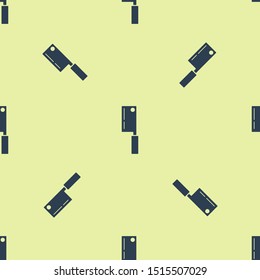 Blue Meat chopper icon isolated seamless pattern on yellow background. Kitchen knife for meat. Butcher knife. Happy Halloween party.  Vector Illustration
