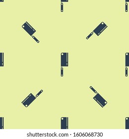 Blue Meat chopper icon isolated seamless pattern on yellow background. Kitchen knife for meat. Butcher knife.  Vector Illustration