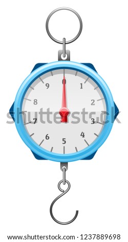 Blue mechanical device with red arrow, numerals, tick marks, metal hook and ring. Steelyard balance for weighing. Determination of weight. Isolated on wite background. EPS10 vector illustration.