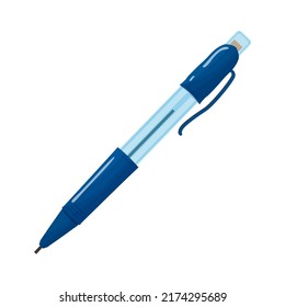 Blue mechanical pen or pencil with transparent plastic flat vector illustration isolated on white background.