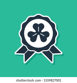 Blue Medal with four leaf clover icon isolated on green background. Happy Saint Patrick day.  Vector Illustration
