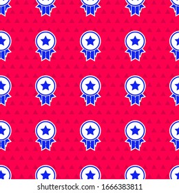 Blue Medal with star icon isolated seamless pattern on red background. Winner achievement sign. Award medal.  Vector Illustration