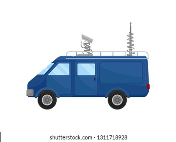Blue media car, side view. Small van with satellite antennas on roof. Modern broadcasting vehicle. Flat vector design