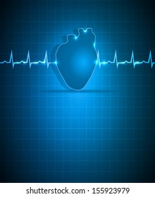 Blue medical background with heart. Abstract cardiogram and human heart.