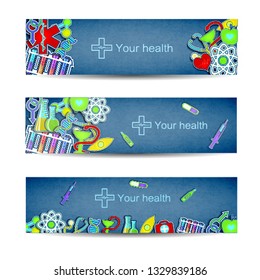 Blue medical banners set with bright colorful fluorescent tools and signs isolated on white background flat vector illustration