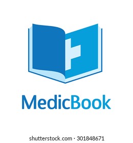 Blue medical book logo, with a cross sign on the page. Pharmacy, medicine, or health related icon vector template.