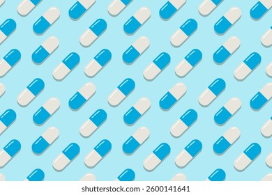 Blue medical capsules seamless pattern. Pills blue background. Capsules pattern in blue and white. A blue medical illustration. A diagonal seamless pattern with medical pills.