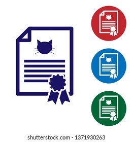 Blue Medical certificate for travel with dog or cat icon isolated on white background. Document for pet. Dog or cat paw print. Set color icon in circle buttons. Vector Illustration