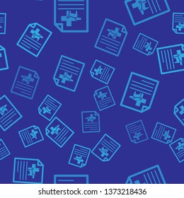 Blue Medical certificate for travel with dog or cat icon isolated seamless pattern on blue background. Document for pet. Vector Illustration