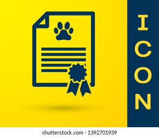 Blue Medical certificate for travel with dog or cat icon isolated on yellow background. Document for pet. Dog or cat paw print. Vector Illustration