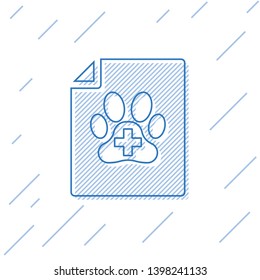 Blue Medical certificate for travel with dog or cat line icon isolated on white background. Document for pet. Dog or cat paw print. Vector Illustration