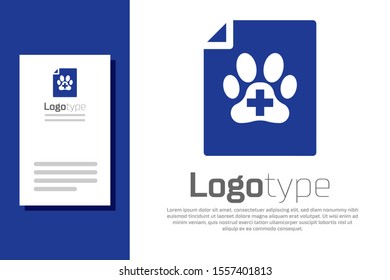 Blue Medical certificate for travel with dog or cat icon isolated on white background. Document for pet. Dog or cat paw print. Logo design template element. Vector Illustration