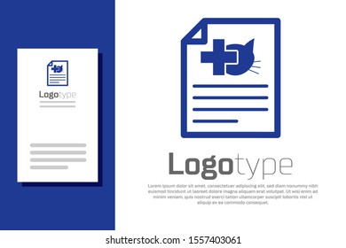 Blue Medical certificate for travel with dog or cat icon isolated on white background. Document for pet. Logo design template element. Vector Illustration