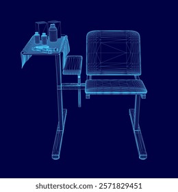 Blue medical chair with a desk underneath it. The desk has a bottle and a cup on it