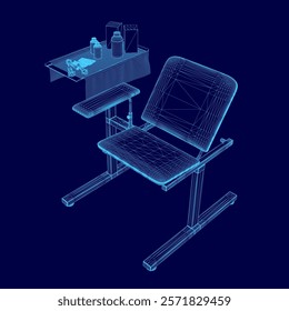 Blue medical chair with a desk underneath it. The desk has a bottle and a cup on it