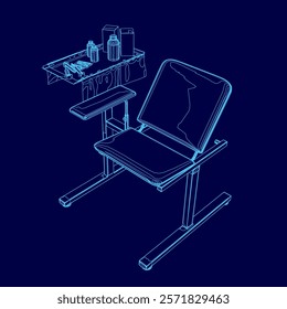 Blue medical chair with a desk underneath it. The desk has a bottle and a cup on it