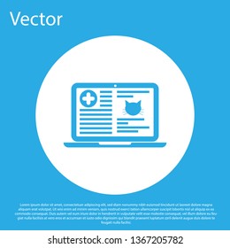 Blue Medical clinical record cat on laptop icon isolated on blue background. Health insurance form. Prescription, medical check marks report. White circle button. Vector Illustration