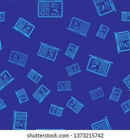 Blue Medical clinical record dog on laptop icon isolated seamless pattern on blue background. Health insurance form. Prescription, medical check marks report. Vector Illustration