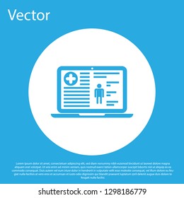 Blue Medical clinical record on screen of laptop icon isolated on blue background. Health insurance form. Document: prescription, medical check marks report. White circle button. Vector Illustration