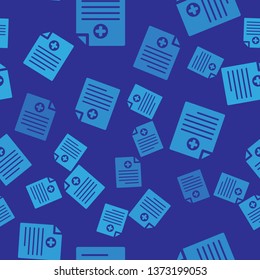 Blue Medical clipboard with clinical record icon isolated seamless pattern on blue background. Health insurance form. Prescription, medical check marks report. Vector Illustration