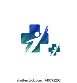 Blue Medical Cross Symbol with Health Human Silhouette. Vector Template Logo Concept. Icon Design for Rehab Centers and Medical Clinics.