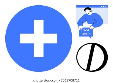 Blue medical cross symbol on the left, man in blue holding cashback sign above a browser window on the right, and prohibition sign below. Ideal for healthcare, finance, marketing, restrictions