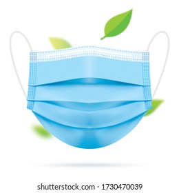 Blue medical face mask with green leaves floating in the air. Fresh breathing concept vector illustration. Coronavirus disease and pollution protective surgical mask, isolated on a white background.