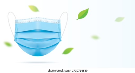 Blue Medical Face Mask With Green Leaves Flying In The Air. Fresh Breathing Concept, Vector Flyer Design With Copy Space. Corona Virus Disease And Pollution Protective Surgical Mask Illustration.