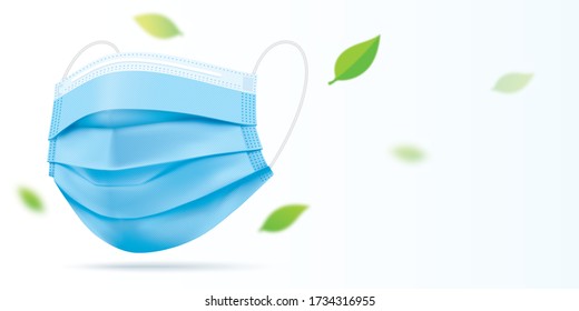 Blue Medical Face Mask With Green Leaves Flying In The Air. Fresh Breathing Concept, Vector Flyer Design With Copy Space. Corona Virus Disease And Pollution Protective Surgical Mask Background.