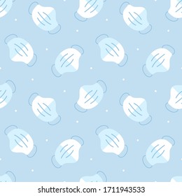 Blue medical face mask, respirator and dots seamless pattern background.