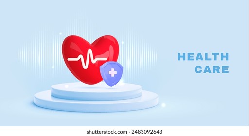 Blue medical, health care background with podium, heart, medical shield. Concept of medicine insurance, hospital, healthcare. 3d vector illustration